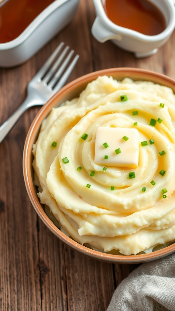 Creamy mashed potatoes topped with butter and chives in a rustic bowl on a wooden table.